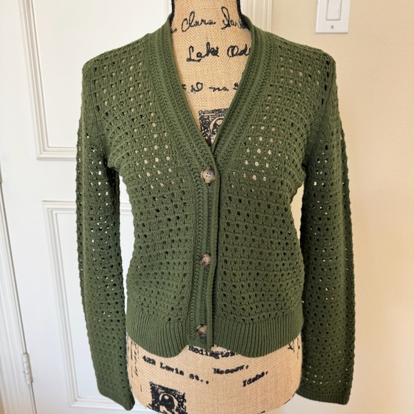 Loft Green Open Weave V Neck Cardigan - Picture 1 of 4